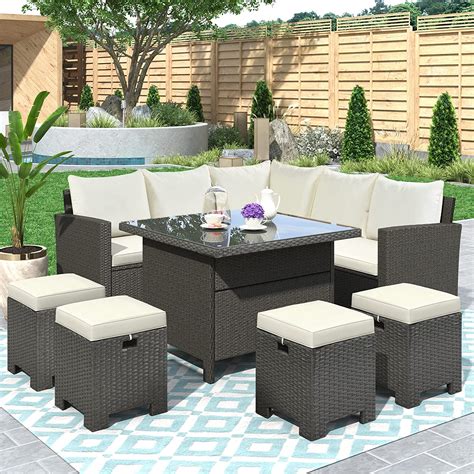 Uniroi 8 Piece Patio Furniture Outdoor Sectional Dining Table Chair