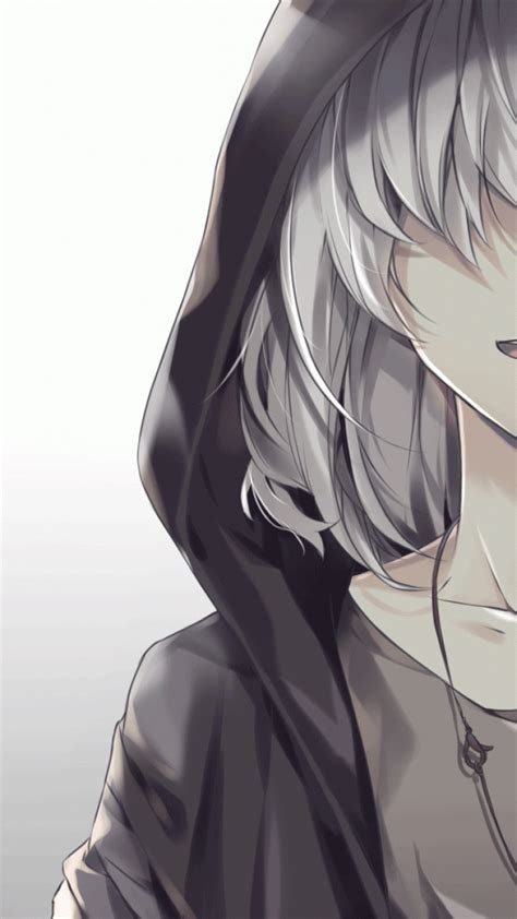Anime Boy White Hair Hoodie Smiling Necklace Gray Anime Guy
