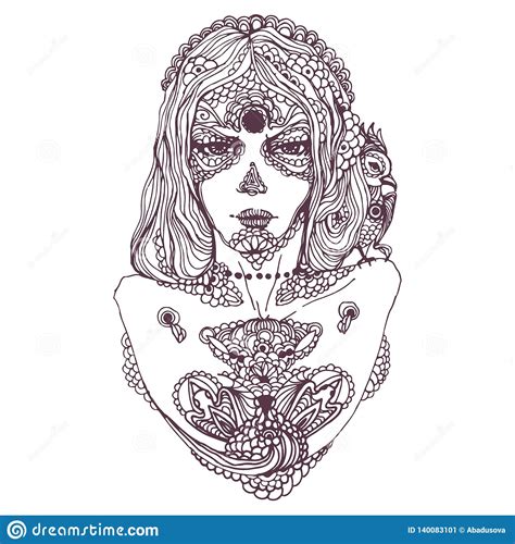 Vector Hand Drawn Sketch Of Dia De Los Muertos Girl Portrait