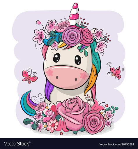 Cartoon Unicorn With Flowers On A White Background