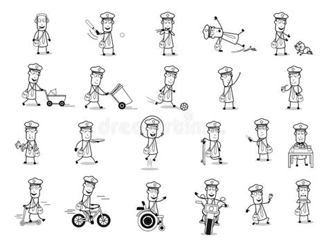 Cartoon Postman Character Set Van Retro Concepts Vector Illustraties