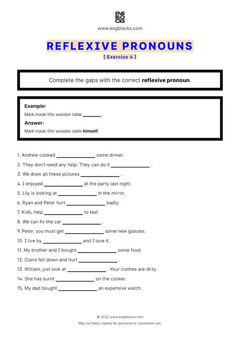 Reflexive Pronouns Self Pronouns Exercise Worksheet English My Xxx