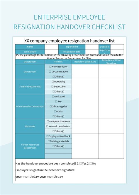 Enterprise Employee Resignation Handover Checklist Excel Template And