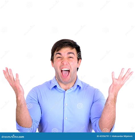 Successful Man Celebrating With Arms Up And Shouting Of Joy Isolated On