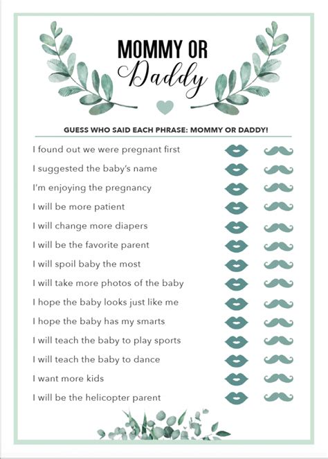 Mom Or Dad Baby Shower Game Questions Free Printable