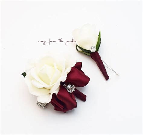 Burgundy And White With Rhinestones Real Touch Rose Wedding Etsy Corsage Wedding Corsage