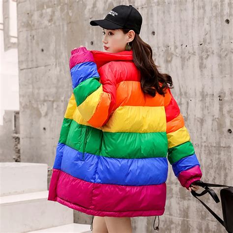 New Spring Autumn Winter Parkas Loose Rainbow Stripe Coat Thick Long