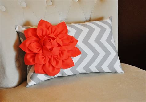 Chevron Lumbar Pillow Coral Dahlia On Gray And White By Bedbuggs