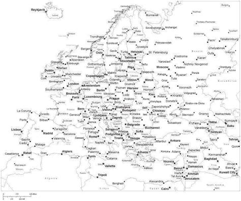 Black And White Europe Map With Countries And Major Cities Europe