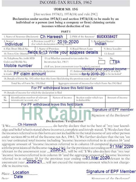 Sample Filled Form 15g And 15h For Pf Withdrawal In 2021 Form
