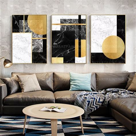 Framed Wall Art Set Of Prints Geometric Gold Black Abstract Etsy