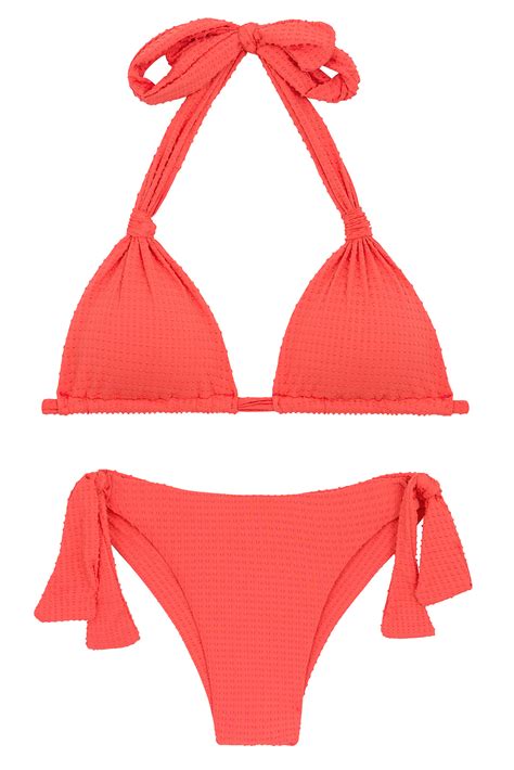 textured coral side tie brazilian bikini with a halter top set dots tabata tri mel italy rio