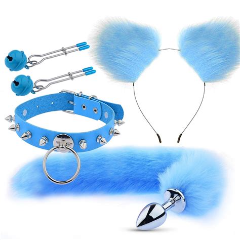 Cute Fox Tail Anal Plug Cat Ears Headbands Set Nipple Clip Neck Collar