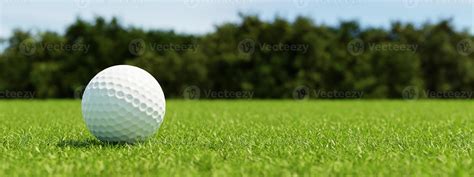 Golf Ball On Grass In Fairway Green Background Banner For Advertising