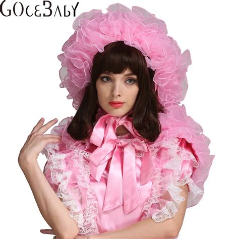Forced Sissy Girl Extreme Prissy Organza Puffy Pink Bonnet With Cape