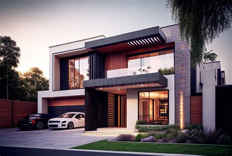 Contemporary Modern White And Black House By Night With Cars Stock