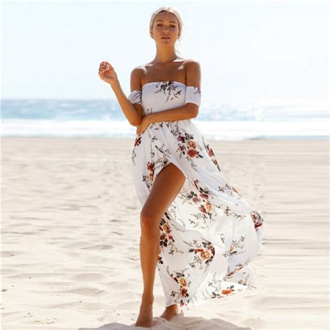 Long Summer Dresses For Women White Cotton Beach Dress Print Floral