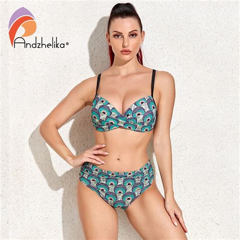 Andzhelika Print Push Up Bikini Set Swimsuit Women Mid Waist Two Piece Swimwear Bathing Suit