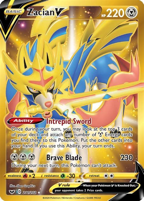 Buy and sell authentic pokemon tcg and other limited edition collectibles on stockx, including the 2020 pokemon tcg zacian v league battle deck from. Zacian V 211/202 SWSH Base Set Holo Gold Secret Rare Full ...