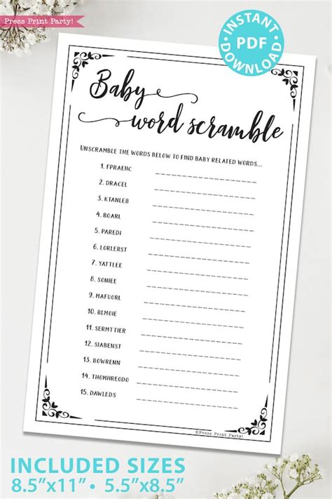 Baby Word Scramble Baby Shower Game Printable Answer Key Baby Shower