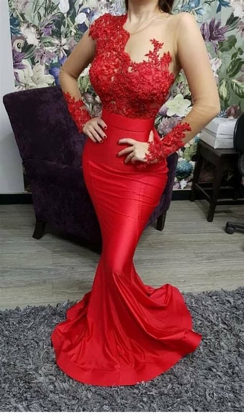 red evening dresses long sleeve lace appliqué beaded mermaid modest elegant evening … long