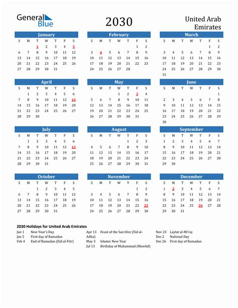 2030 United Arab Emirates Calendar With Holidays