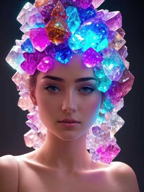 Premium Ai Image Large Portrait Of A Girl With Glowing Crystals On Her Head