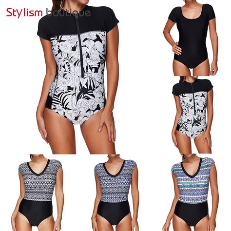 Buy 2018 One Piece Swimsuit Short Sleeve Swimwear Sport Rash Guard Women Zipper
