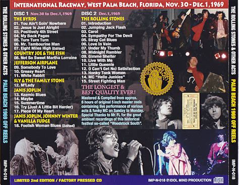 For many people, the only festivals in 1969 were the famous woodstock music and art fair and the infamous altamont speedway free festival. Rolling Stones, The & Other Acts - Palm Beach 1969 Off Reels - 2nd Edition(2CD)Idol Mind ...