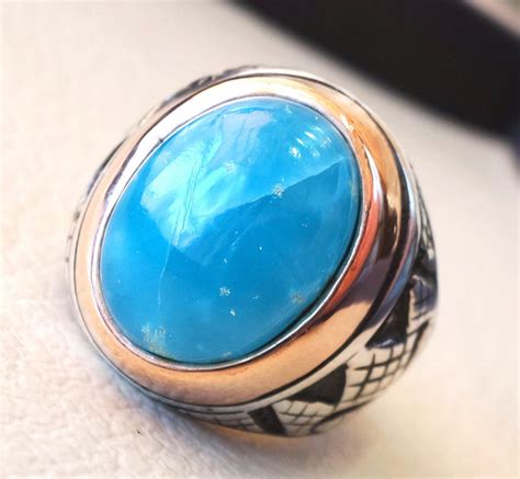 Smithsonite Natural Sky Blue Stone Ring Sterling Silver 925 Men Jewelr