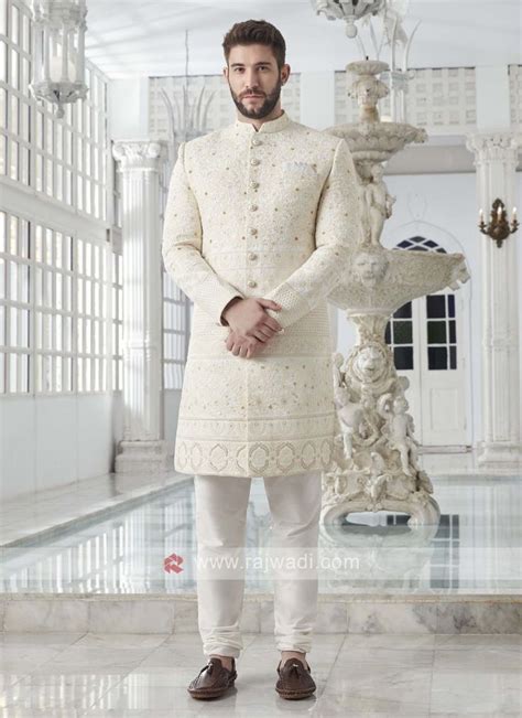 Silk Off White Sherwani Wedding Dresses Men Indian Indian Groom Dress Sherwani For Men Wedding