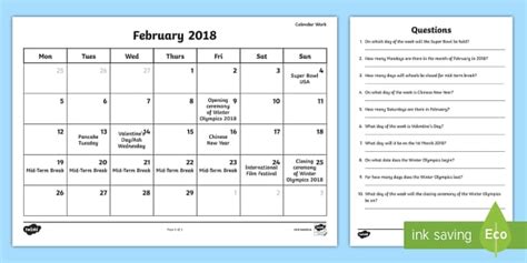 Problem Solving Calendar Work February 2018 Worksheet Activity