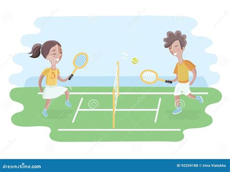 Теннис игры 2 детей на суде Девушки и мальчик Иллюстрация вектора иллюстрации насчитывающей