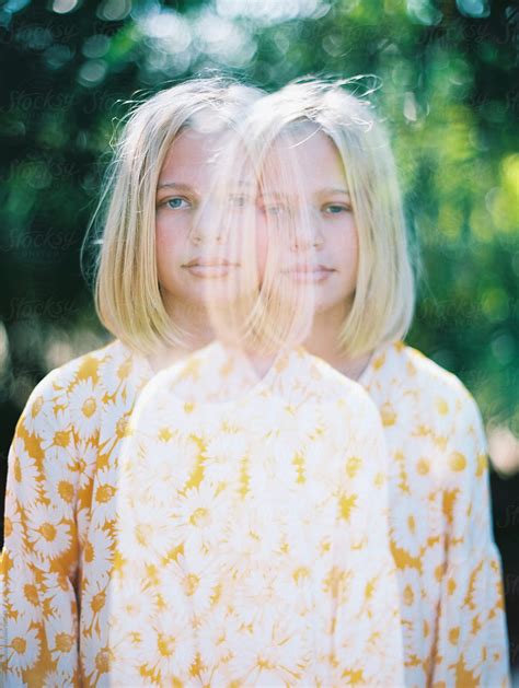Double Exposure Of Teenager With Blonde Hair And Floral Dress By