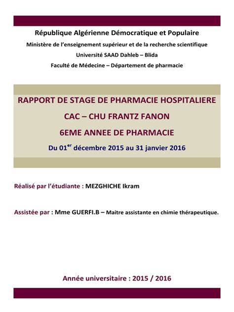 Rapport De Stage Pharmacie Hospitalière Dz Médicament Pharmacie