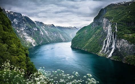 Fjord Waterfall Nature Landscape Hills Geiranger 1080p Norway