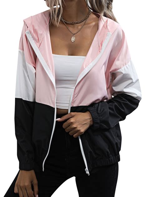 Zxzy Women Contrast Color Hooded Full Zipper Pockets Jacket