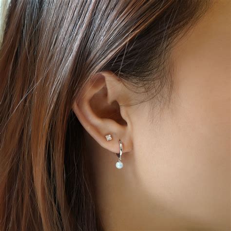 Opal Huggie Drop Earrings 14k White Gold Hoops Dangle Huggie Earrings