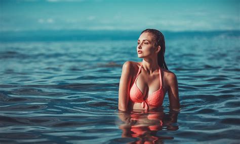Wallpaper Women Bikini Top Water Sea Portrait Looking Away Wet Body Wet Hair X