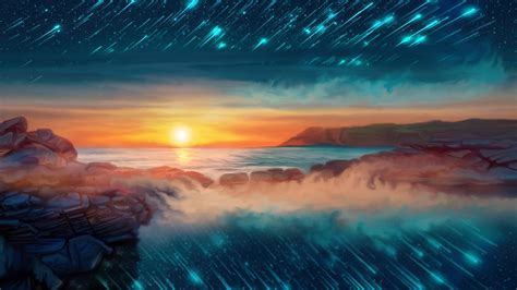 Seascape Sunset And Shooting Stars 3840 X 2160 Rwallpaper
