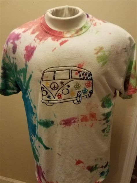 Ever made a tie dye that turned out mostly white? VW hippie bus embroidered tie dye tshirt Volkswagen van ...