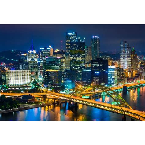 Noir Gallery View Of Pittsburgh Skyline At Night On Canvas Pittsburgh