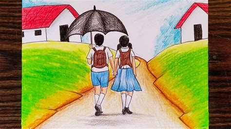 How To Draw A Boy And A Girl Going To School Scenery Step By Stepeasy