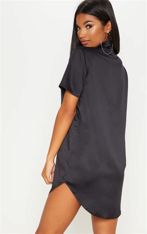 Black Satin Short Sleeve Shirt Dress Prettylittlething Ca