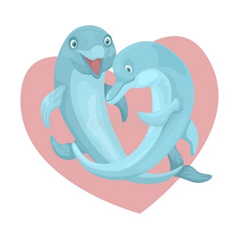 Two Dolphins Swim Hugging On The Background Of The Heart Symbol Of