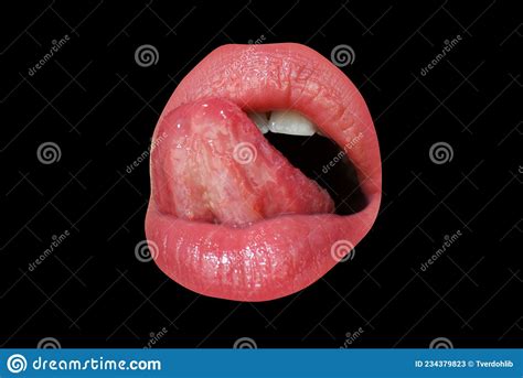 Art Red Lips Womans Open Mouth Licking Tongue Sticking Out Stock