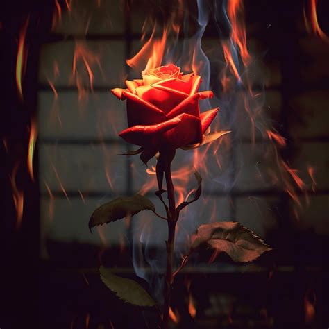 Premium Ai Image Aesthetic Burning Rose Flower Realistic Flame Effect On Dark Background