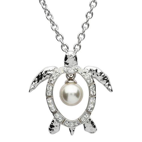 Turtle Pearl Necklace With White Crystals Ocean Jewelry