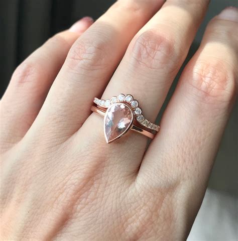 Vintage Genuine Morganite Rose Gold Engagement Ring Set Teardrop Natural Morganite Bridal Ring