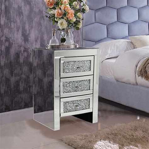 Mirrored Glass 3 Crystal Drawers Bedside Table Cabinet Unit Nightstand Bedroom Ebay